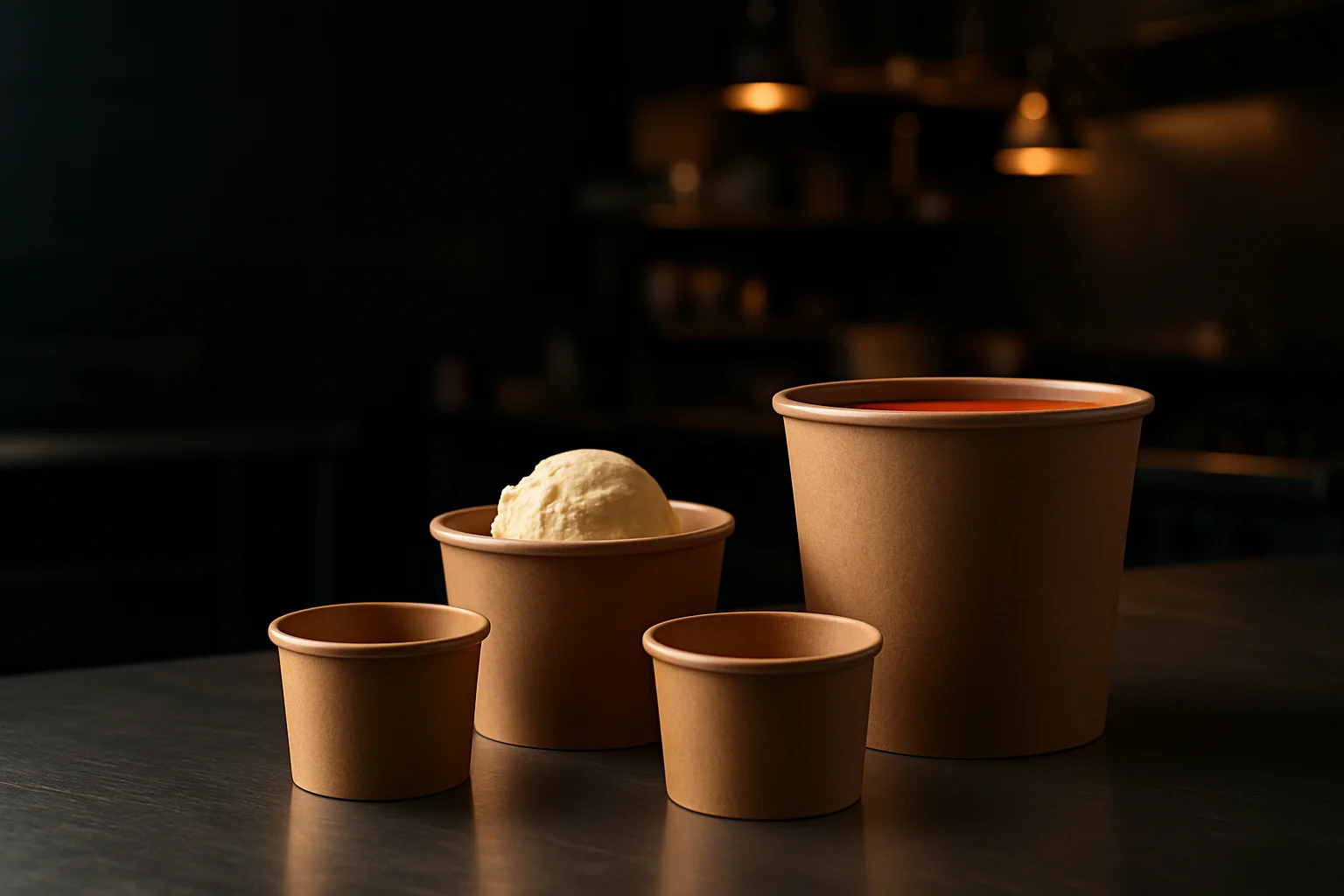 Suppen-, Dessert- und Portionsbecher auf Theke in professioneller Küche