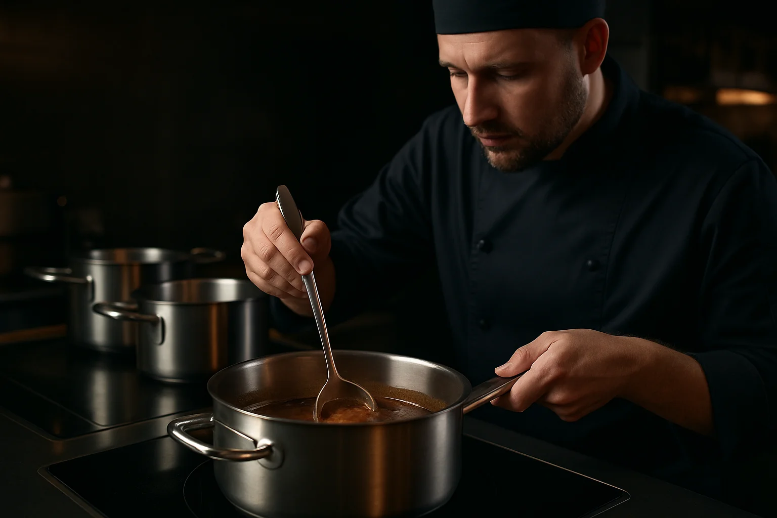 Kasserolle mit Sauce in professioneller Küche