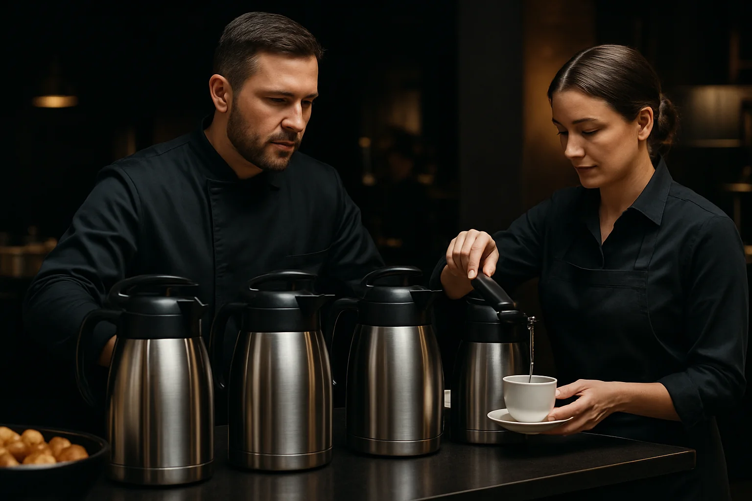 Thermoskannen auf Buffet in professioneller Serviceszene