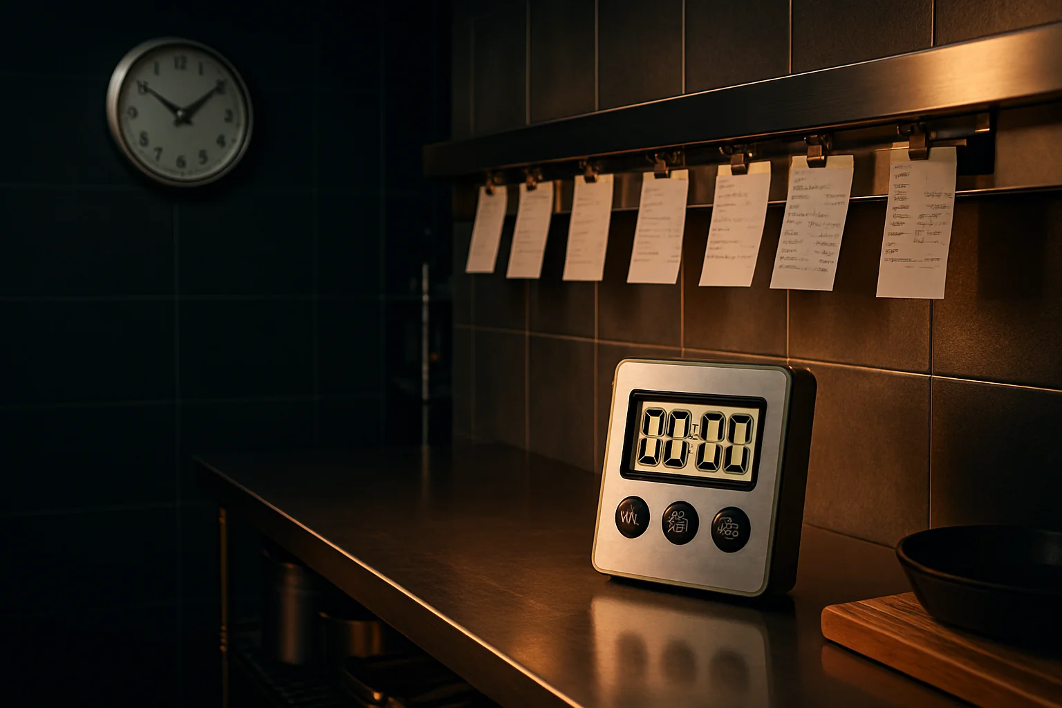 Timer an einer Arbeitsstation neben Bonsystem in einer Profi-Küche zur Organisation von Zeitvorgaben und Bestellungen