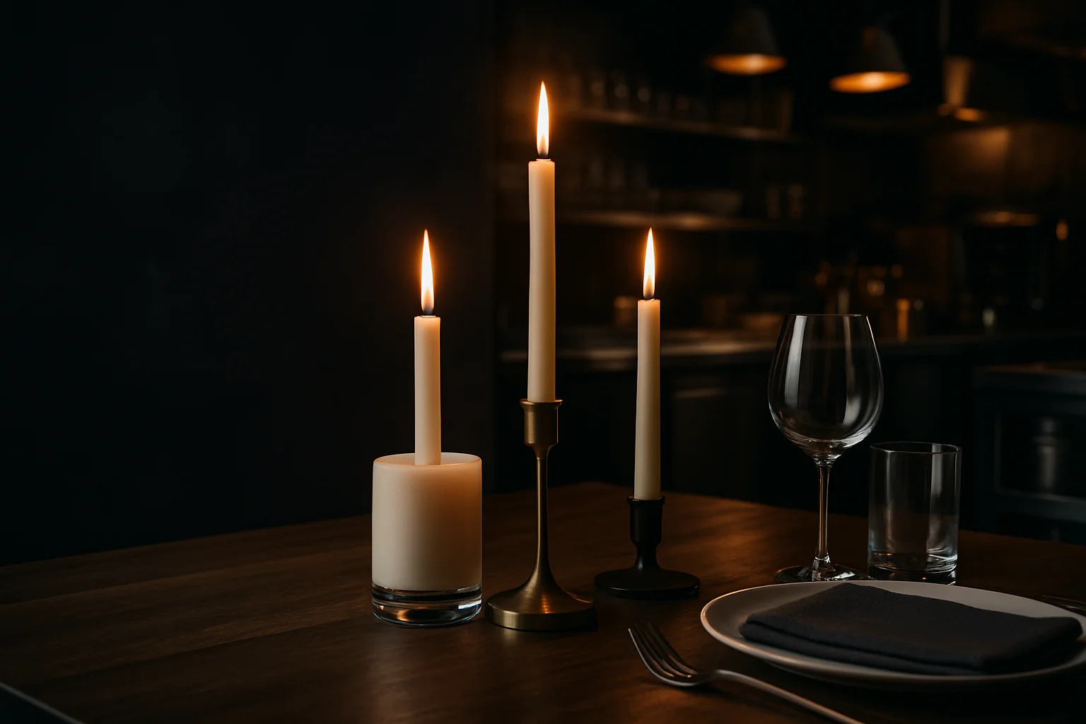 gedeckter gastronomie-tisch mit kerzen und kerzenhaltern in dezenter atmosphaere