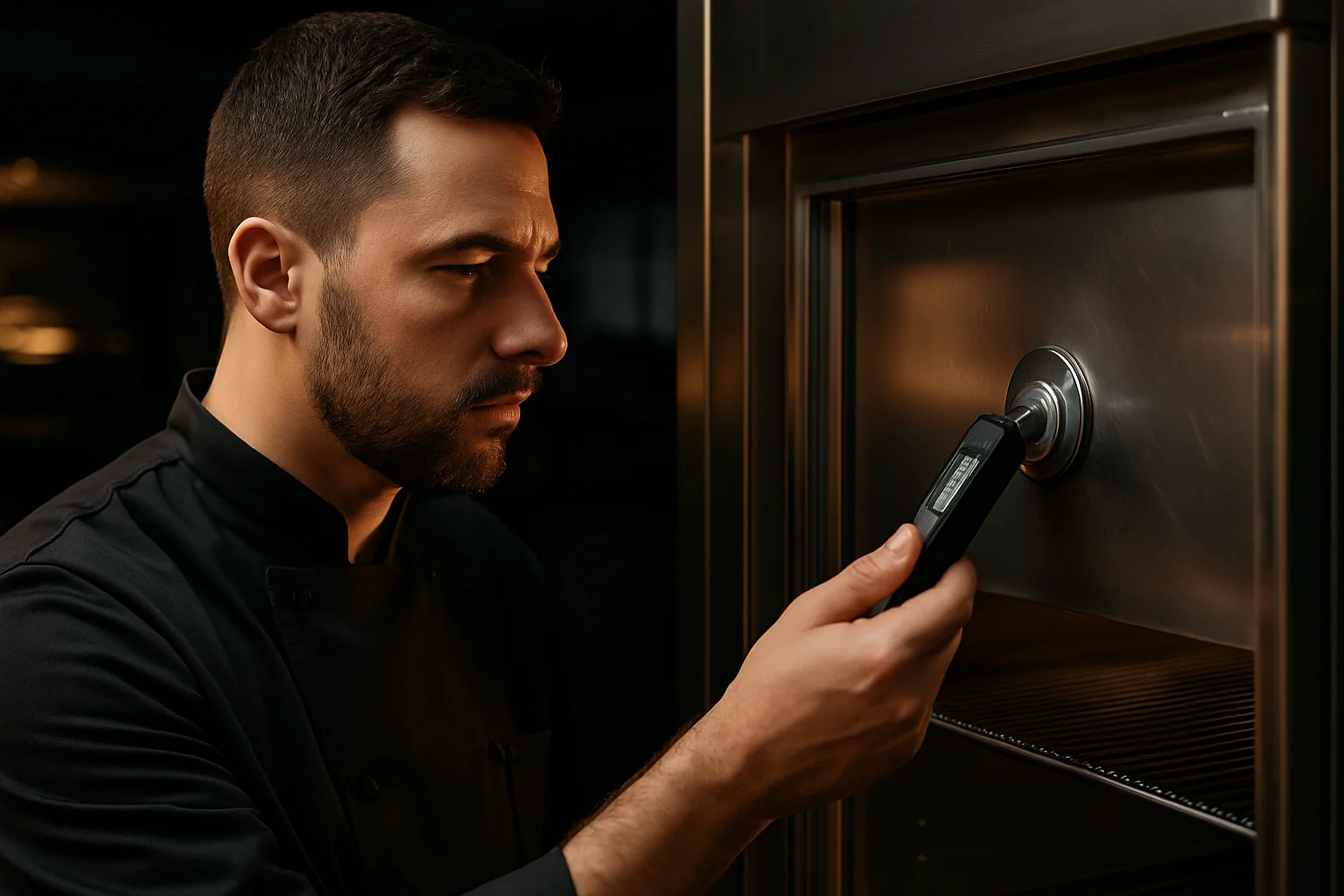 Mitarbeiter prüft Thermometer an Messpunkt in professioneller Küche
