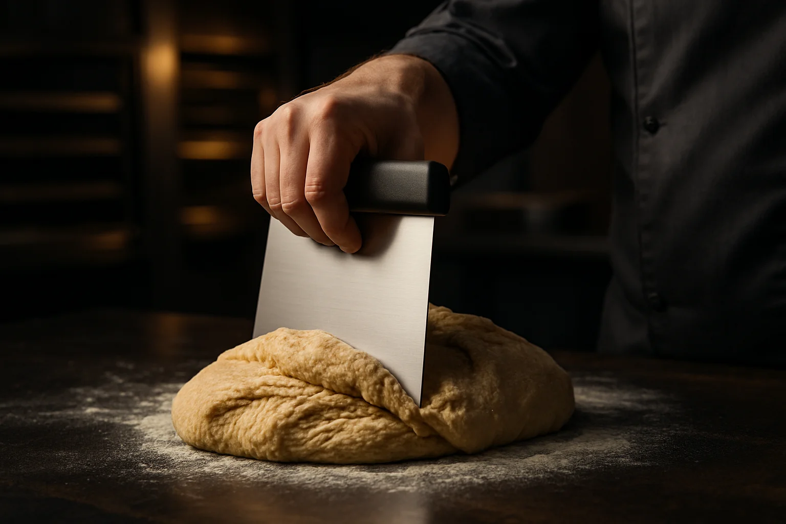Küchenschaber beim Abziehen und Portionieren in einer Profi-Backstube