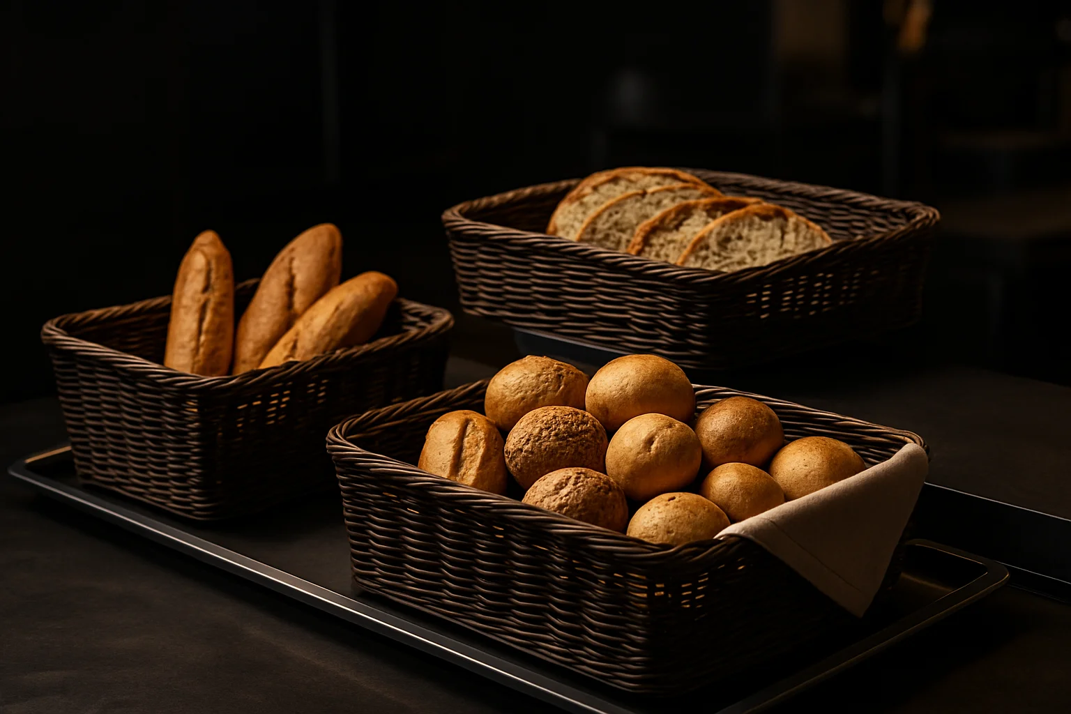 Verschiedene Präsentationskörbe auf einem Buffet in professioneller Gastronomieumgebung