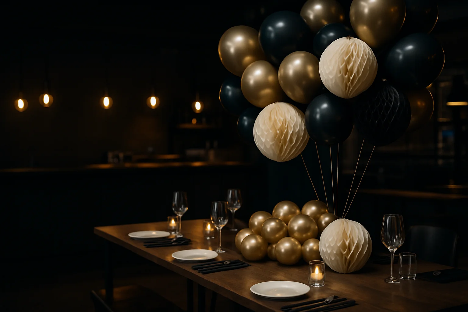 Empfangsbereich mit professioneller Partydekoration, Ballons und Wabenbälle