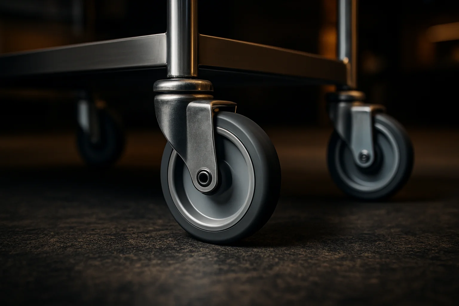 Detailaufnahme von Wagenrollen auf Hotelboden, Fokus auf Laufräder
