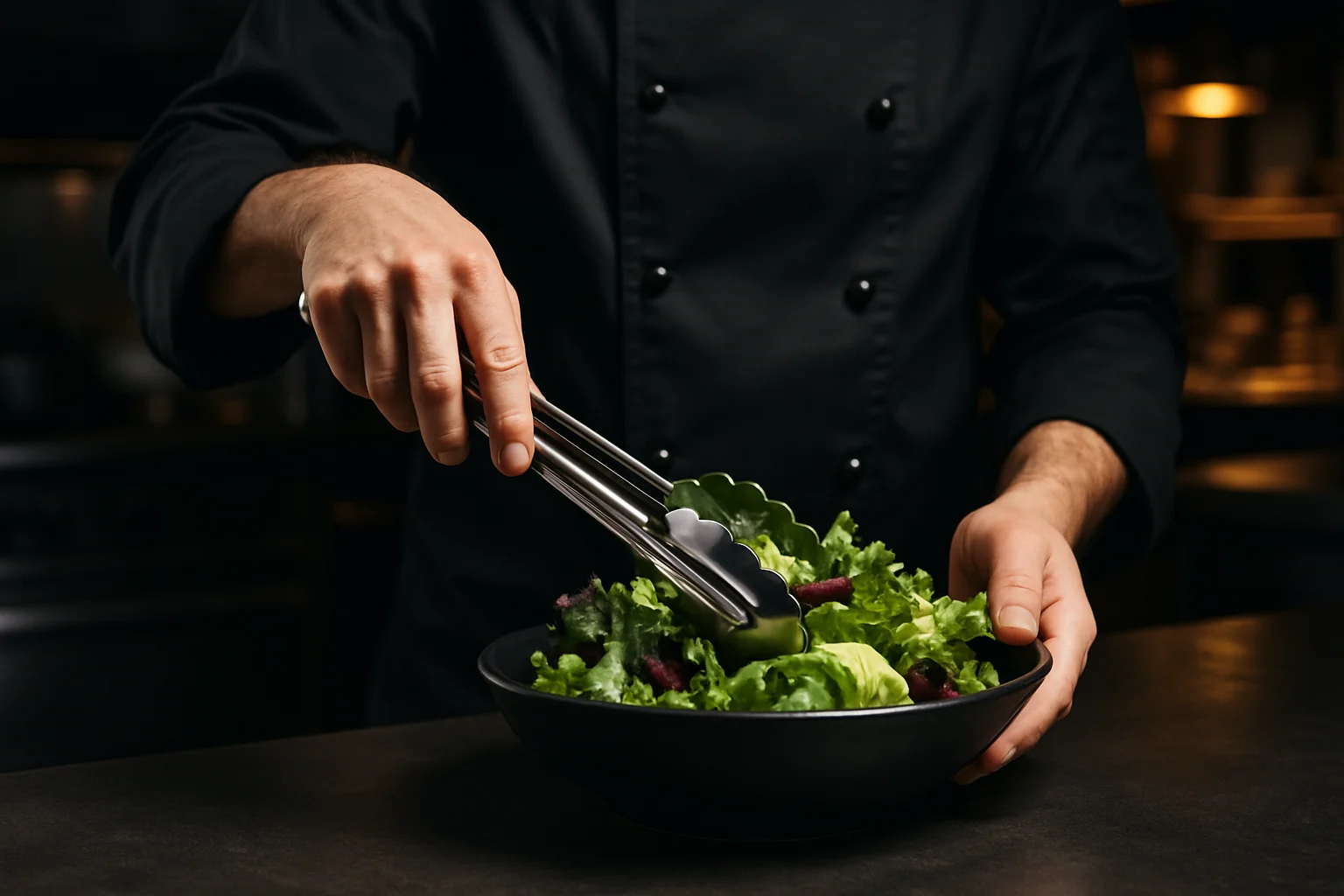 Salatzangen aus Edelstahl in Profi-Küche beim Servieren von Blattsalat