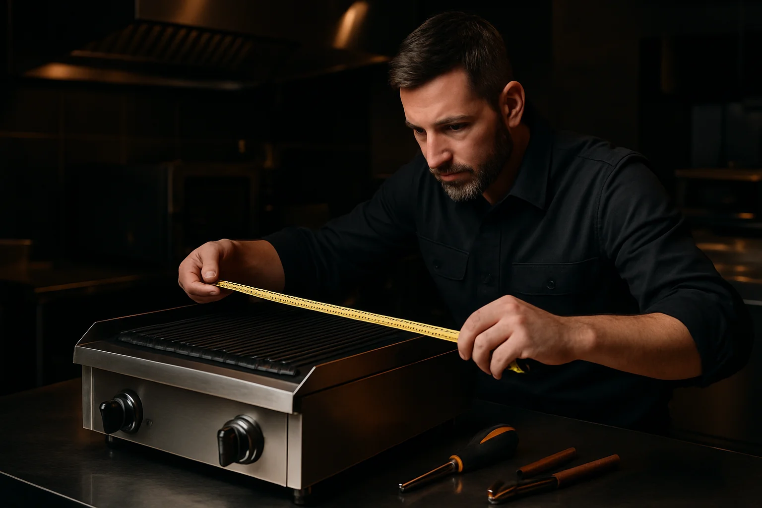 Techniker prüft Maße eines gewerblichen Grillgeräts mit Messband