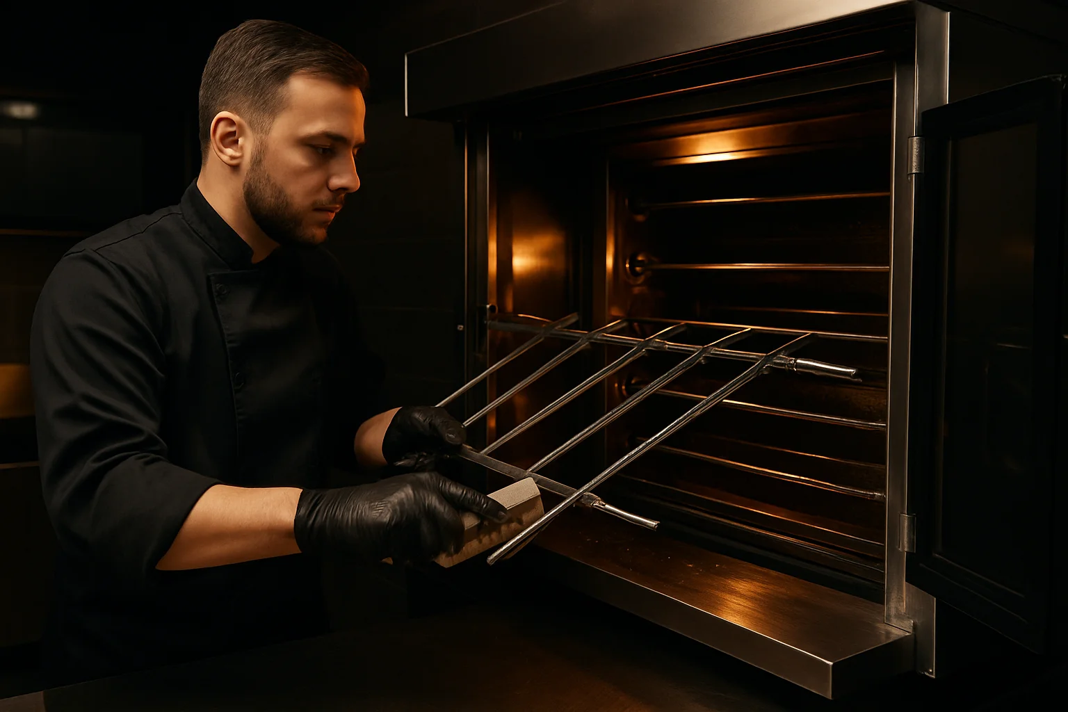 Personal reinigt entnommene Spiesse eines Hähnchengrills in der Küche