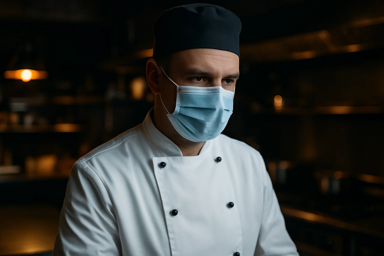 Mitarbeiter mit Mundschutz in professioneller Küche