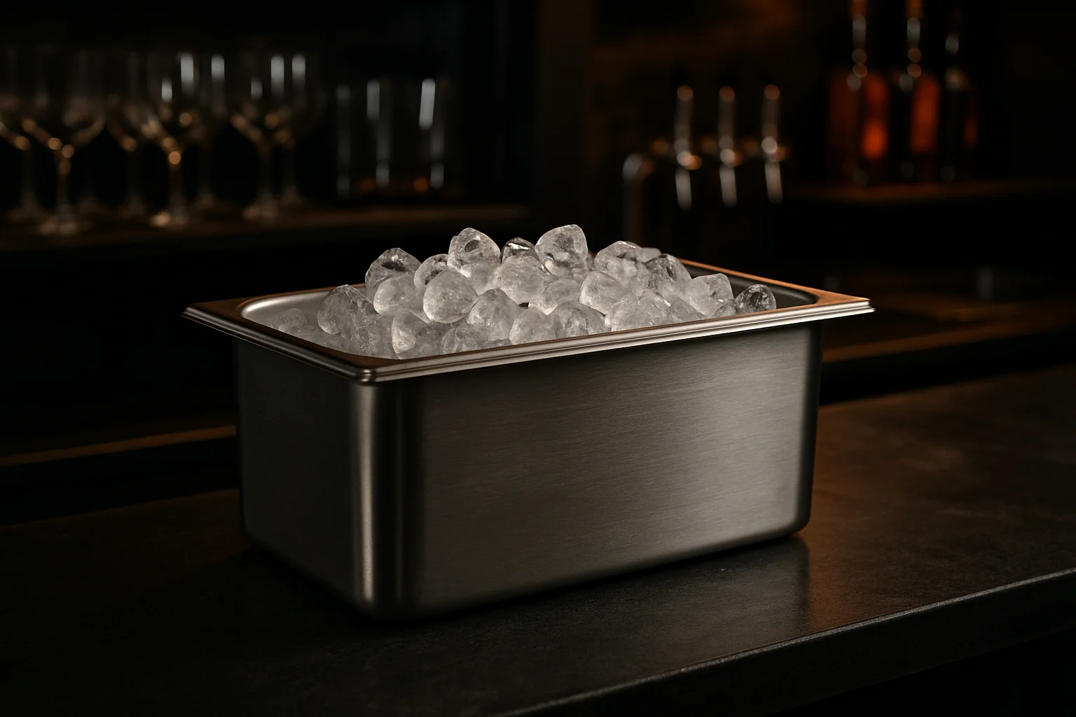 Edelstahl-Eiswanne in professioneller Gastro-Bar, gefüllt mit Eis
