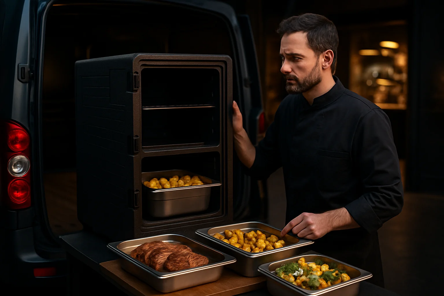 lieferfahrzeug mit transportboxen und tabletts im catering-einsatz