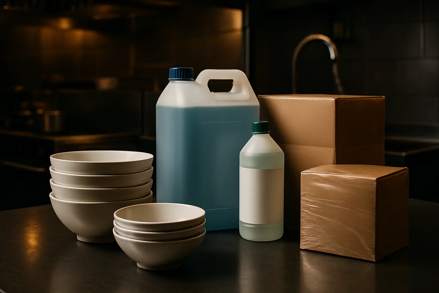 Gestapelte Schalen neben Verpackungseinheiten und einem Reinigungsschrank in einer Profiküche