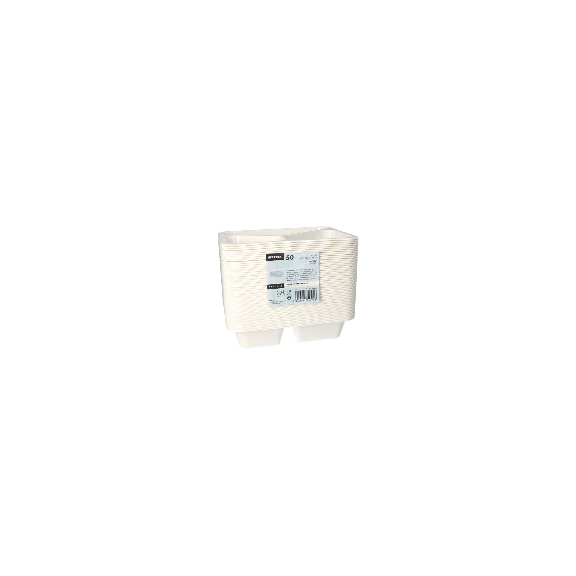 Mikrowellenschalen, PP 3-geteilt 1095 ml 4,9 cm x 22,7 cm x 17,8 cm weiss