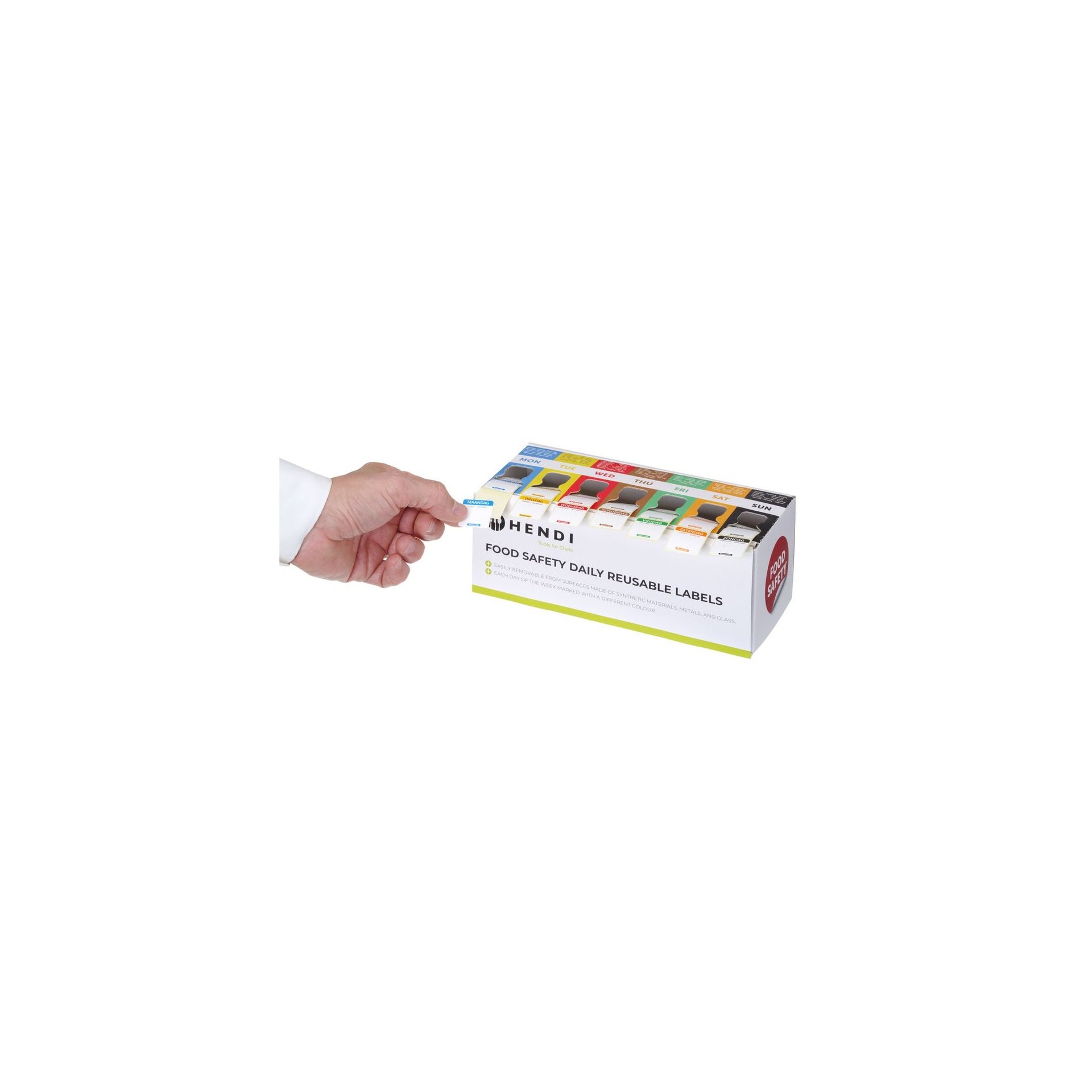 hendi-850572-set-lebensmittelsicherheitsetiketten-mehrfach-verwendbar-lei-2 Set mit Lebensmittelsicherheitsaufklebern, vielseitig einsetzbar, leicht herausnehmbar, mit Spender, 240x80x(H)100mm