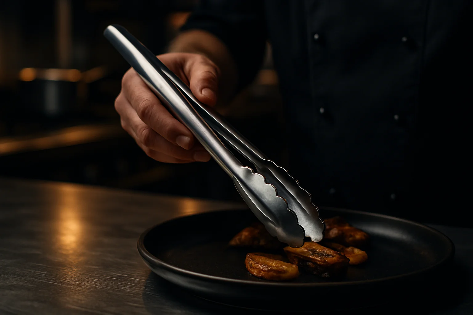 Edelstahl-Küchenzange in gastronomischer Ausgabe zum Greifen und Servieren