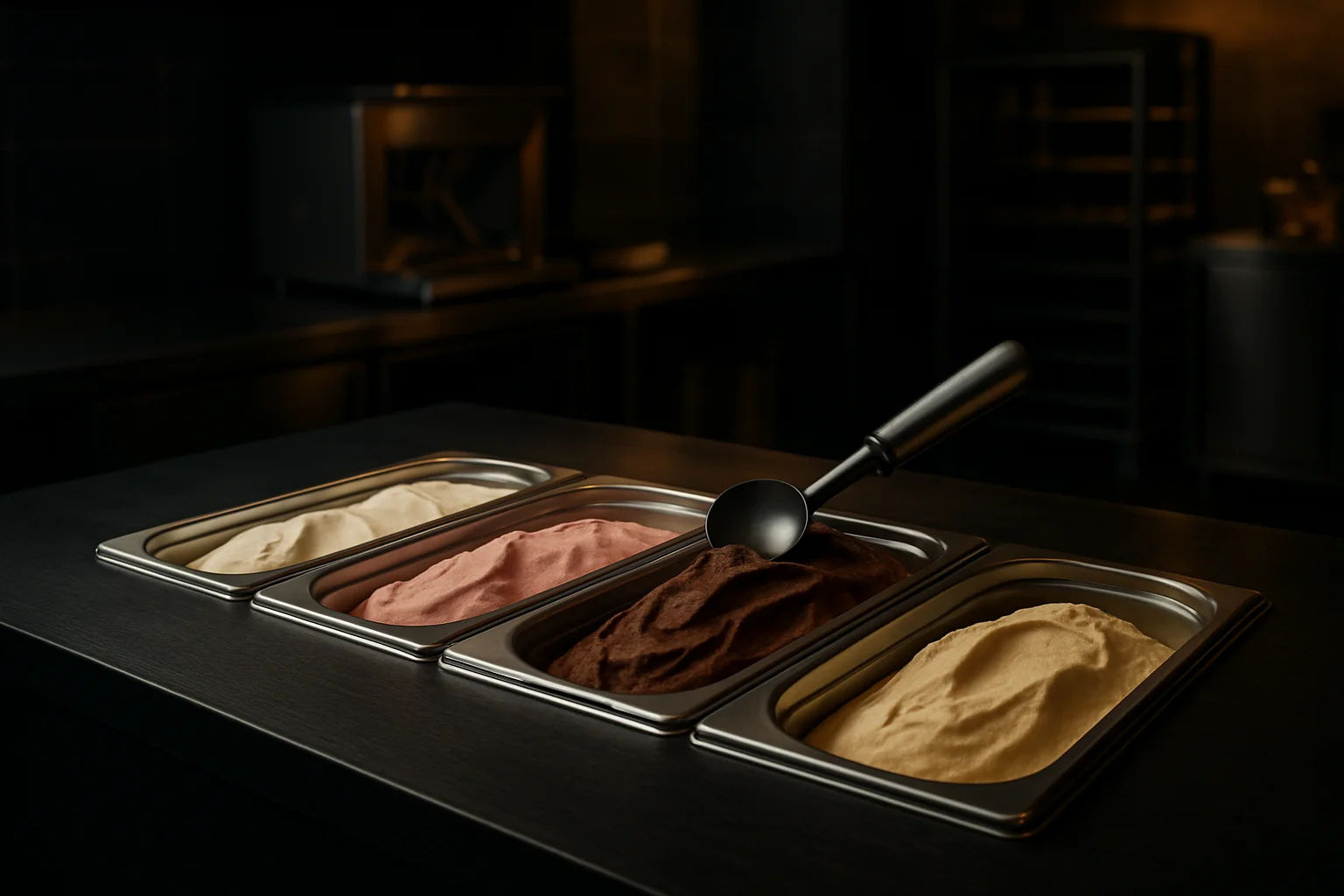 Theke mit GN-Eisbehältern, Portionierer und Eismaschine in professioneller Gastronomie