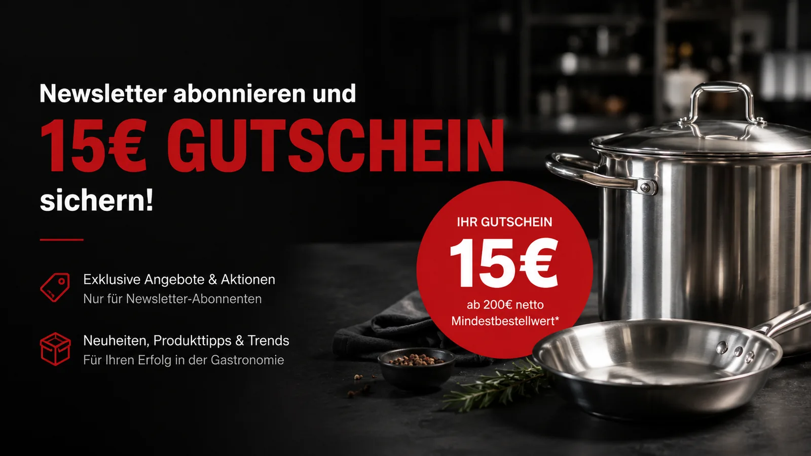 Newsletter-Gutschein für Gastronomiebedarf bei CookRock mit 15 Euro Rabatt ab 200 Euro netto Mindestbestellwert