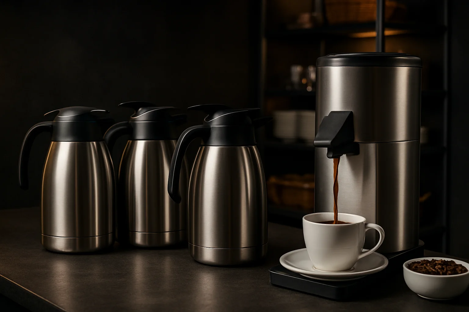 Kaffeestation mit Thermoskannen und Ausgabefläche