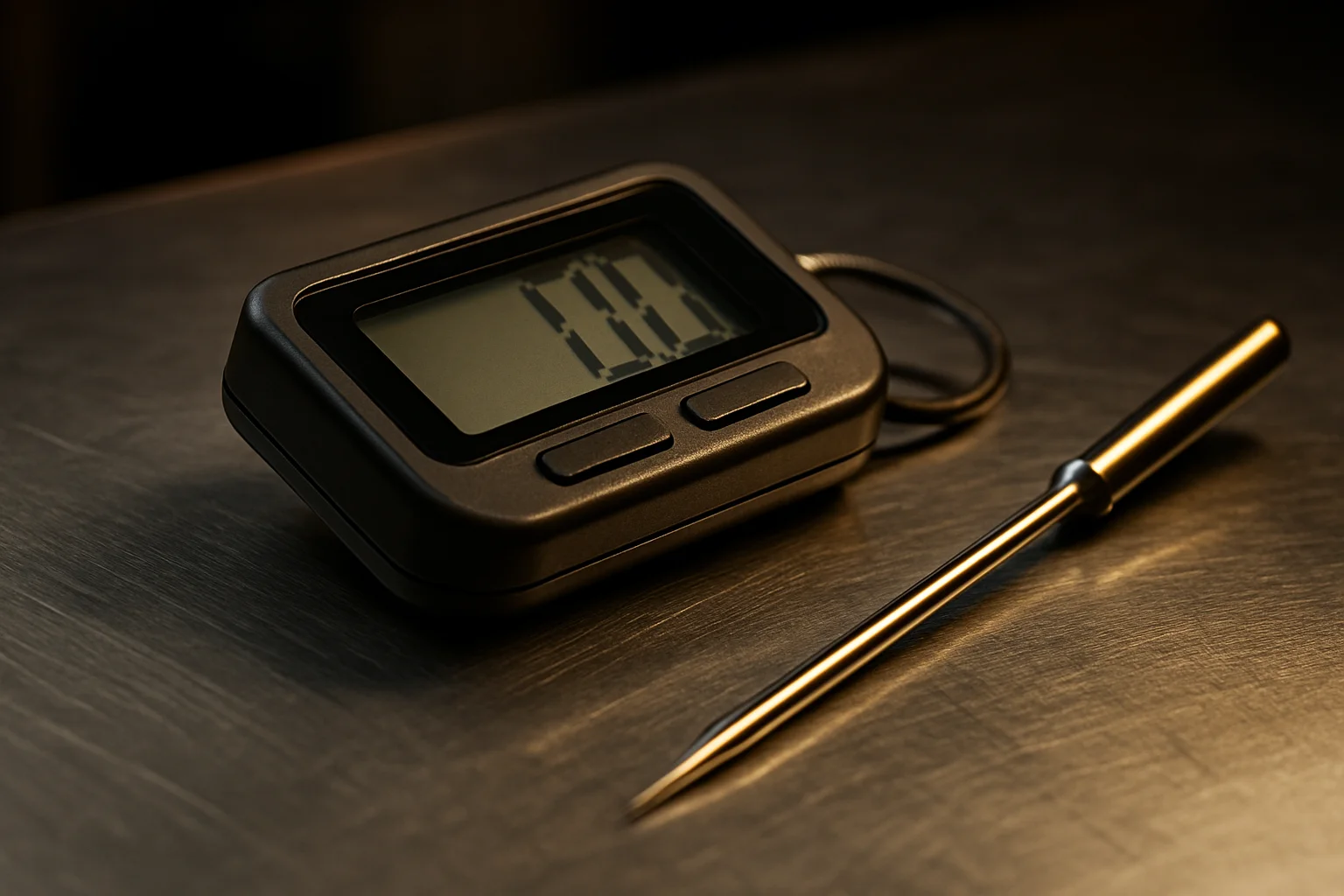 Thermometer-Display und Sonde auf einer sauberen Edelstahlarbeitsfläche