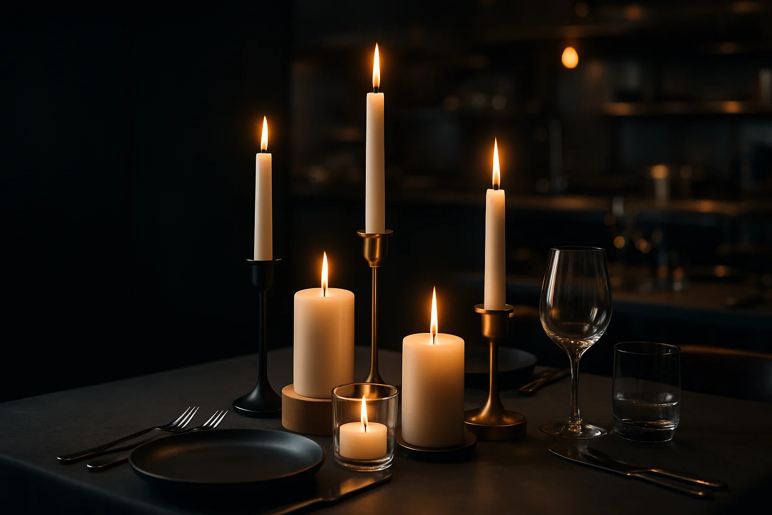 Brennende Kerzen und Kerzenhalter auf gedecktem Gastronomietisch