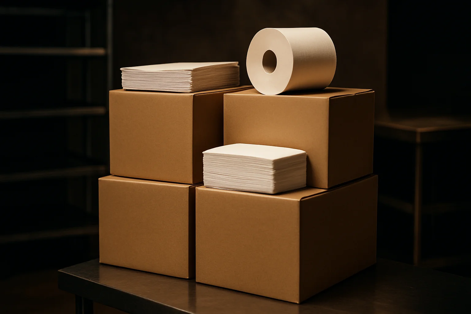 Lager mit verpackten Hygienepapier-Einheiten