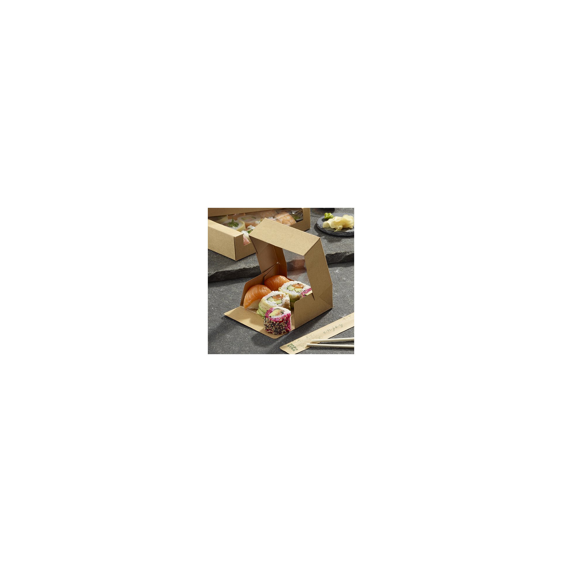 Sushi-Schalen, Pappe eckig 4,5 cm x 12 cm x 10 cm braun