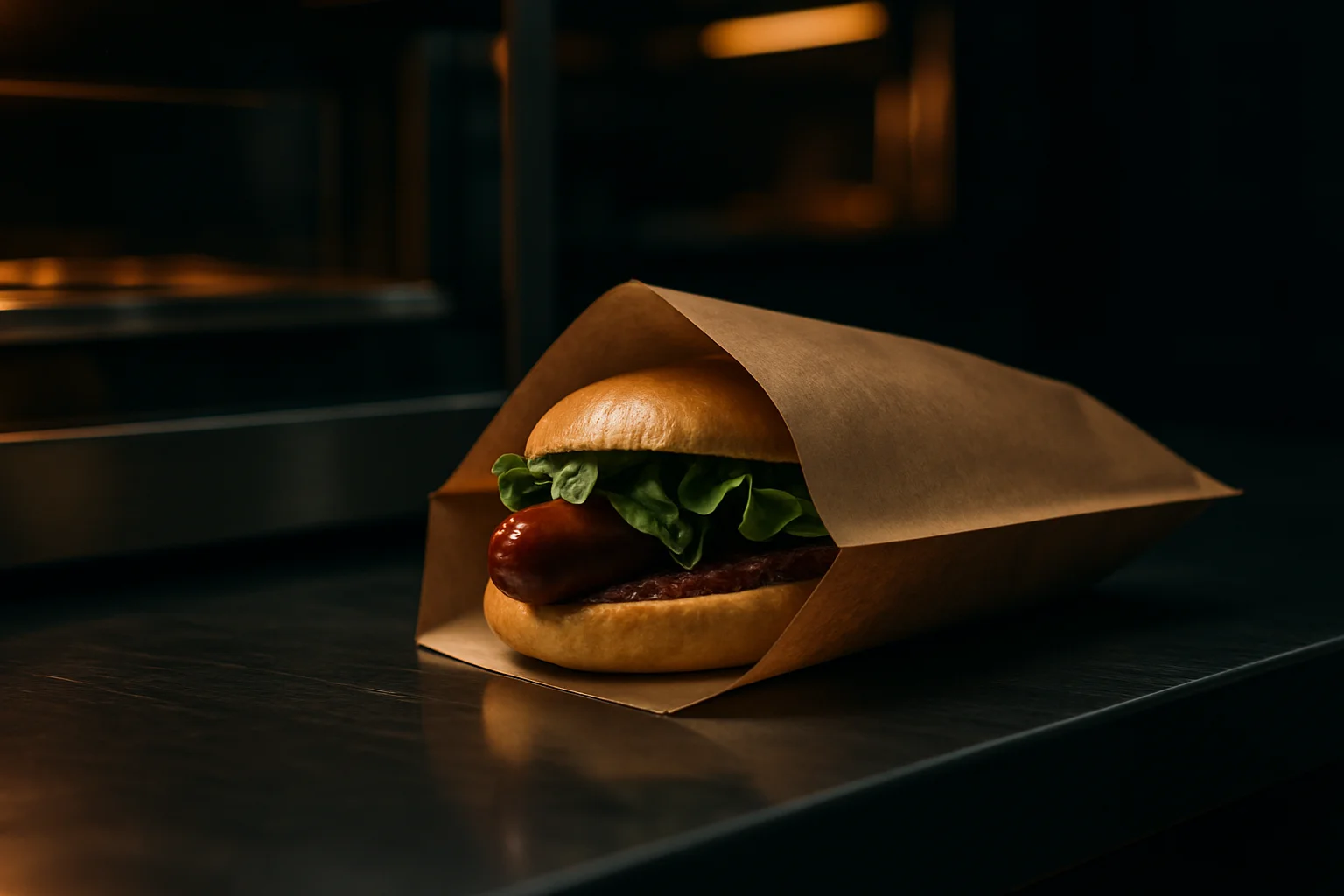 Papier-Tüte mit Hot-Dog in Gastronomie-Umgebung