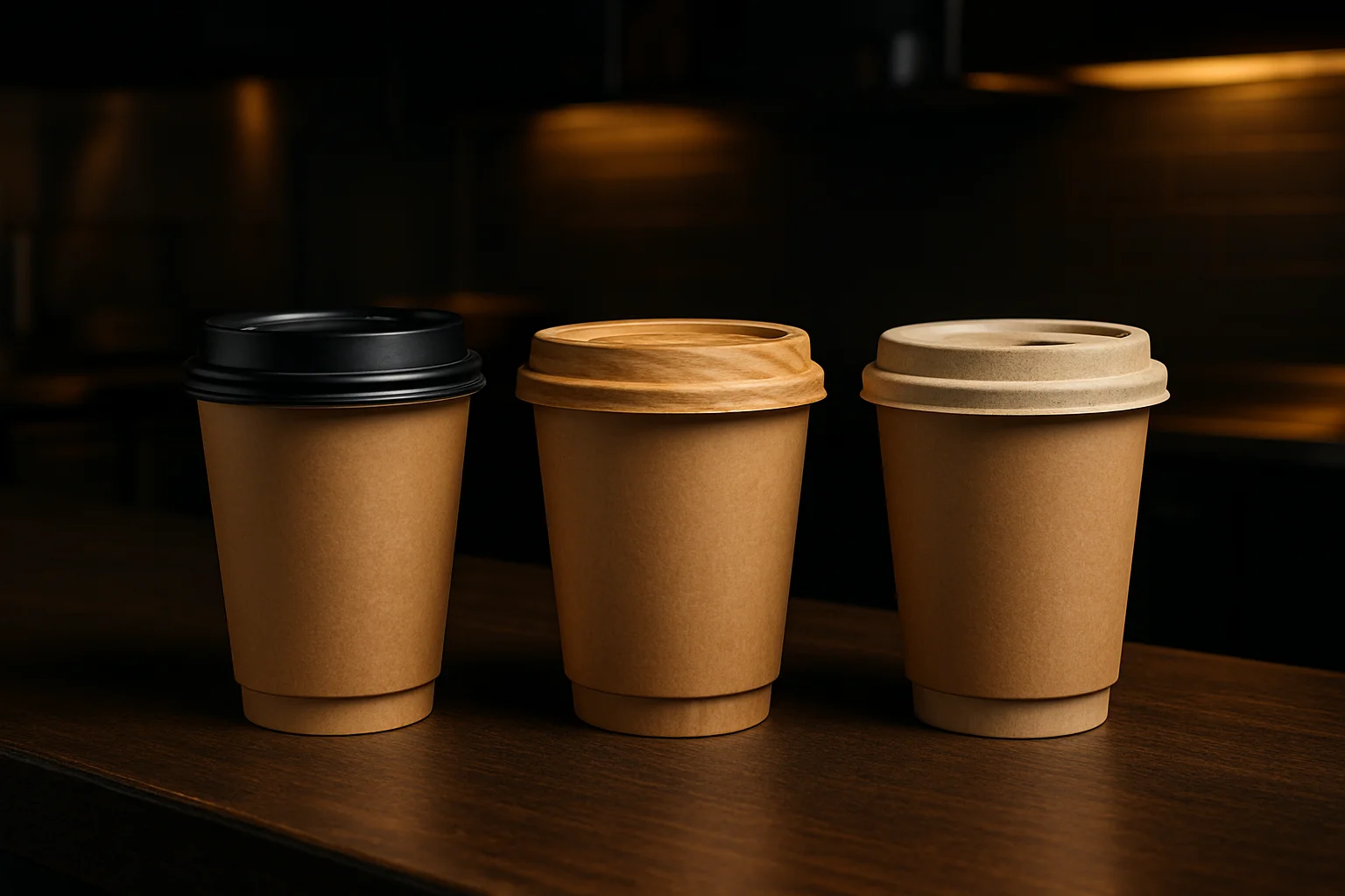 Drei Becher mit unterschiedlichen Deckel- und Manschettenmaterialien zum Vergleich