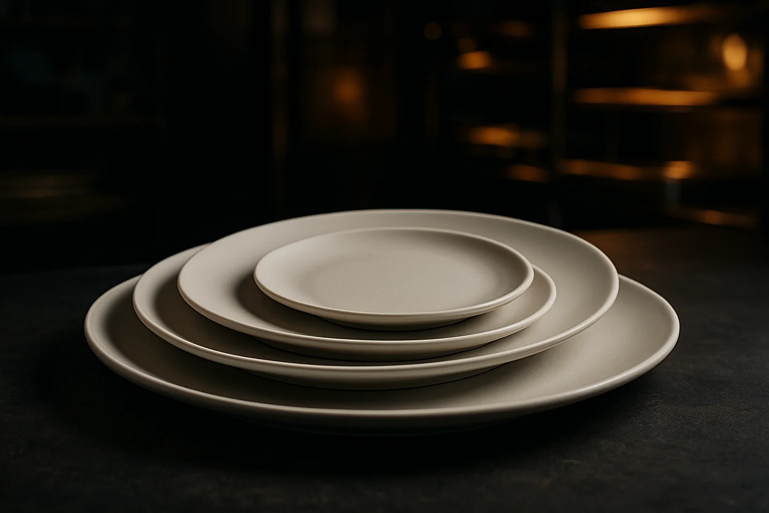 Abgestufte Tellergrößen auf professionellem Tabletop zur Visualisierung von Portionsgrößen