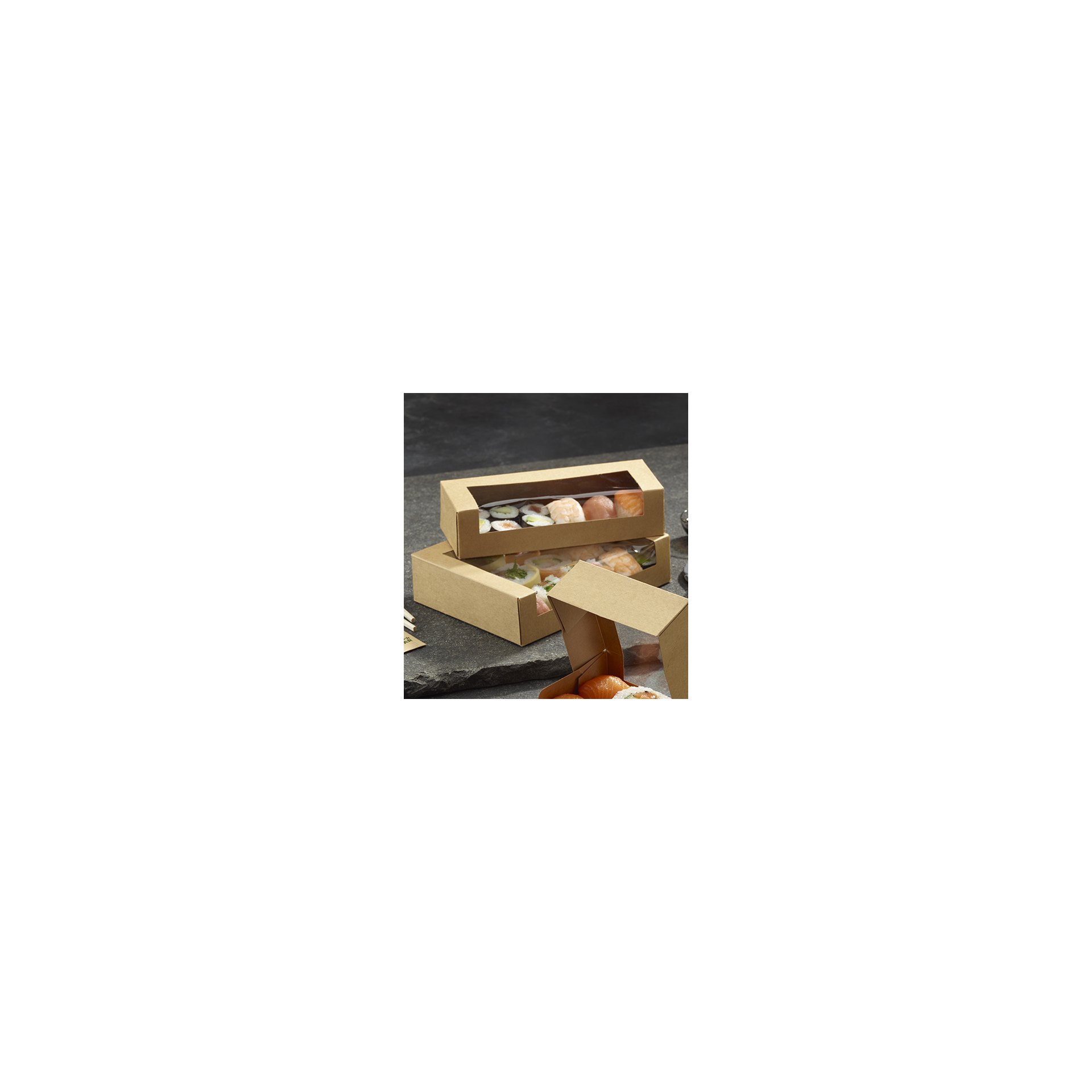 Sushi-Schalen, Pappe eckig 4,5 cm x 19,5 cm x 7 cm braun