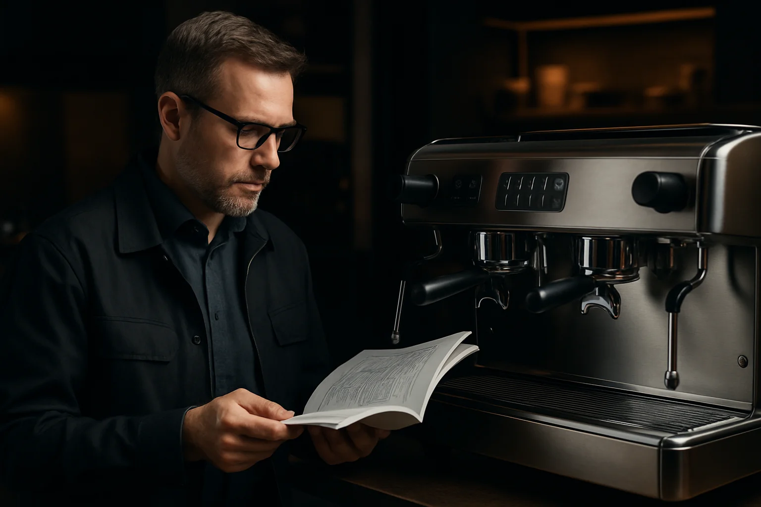 einkauefer mit maschinendokumentation neben kaffeemaschine