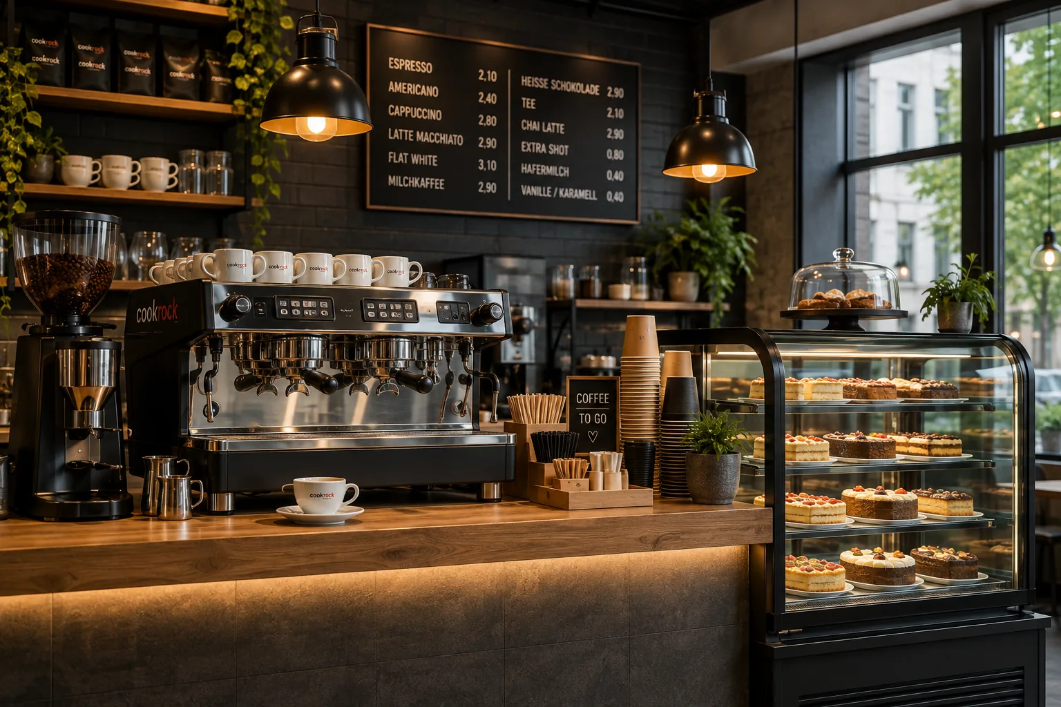 Barista-Arbeitsplatz mit professioneller Kaffeemaschine, Kaffeemühle und Tassen